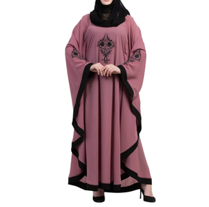 Muslim Pink Embroidered Abaya with Black Trim <b>Long</b> Sleeve Midi Modest <b>for</b> Women Middle East Style Daily Wear - Product Image 3