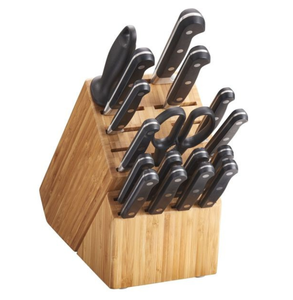 Ensemble de couteaux de cuisine noirs à trois rivets avec lames argentées, bloc de rangement marron et ciseaux pour trancher, hacher et préparer - Product Image 1