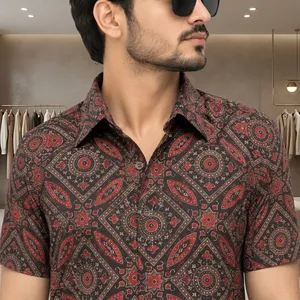 Men's Short Sleeve <b>Geometric</b> Print Casual <b>Shirt</b> Turn-down Collar 100% Cotton Breathable Knitted ODM Summer Style - Product Image 4