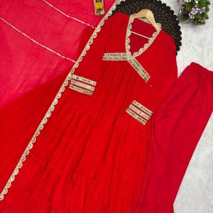Heavy Georgette Gown Pant Dupatta Set With Real Mirror Lace Full <b>Stitched</b> Party Wear - Product Image 2