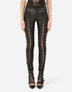 Pantalones de cuero genuino de cintura alta estilo gótico negro con cierre de botones, diseño hueco de longitud completa, pantalones de invierno para mujer - Product Image 1