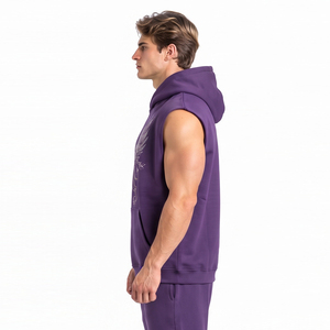 Rhinestone Printed Men <b>Sleeveless</b> <b>Hoodie</b> Front Pocket Pullover <b>Hoodie</b> Heavyweight Cotton Fleece Men Hooded Sweatshirt - Product Image 3