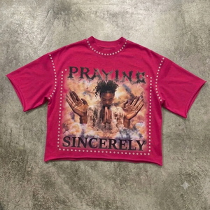 T-shirt graphique surdimensionné personnalisé pour hommes et femmes, vintage, délavé, 100% coton, streetwear, strass, perles, effet vieilli, 300g, tendance - Product Image 6