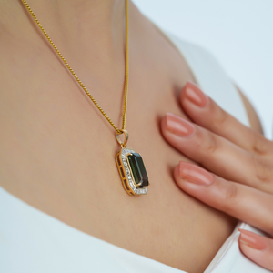 Elegant New Style 13x7mm Baguette Cut Green Tourmaline & Diamond Halo <b>Pendant</b> Customized <b>Solid</b> K14 Yellow <b>Gold</b> Jewelry Supplier - Product Image 4