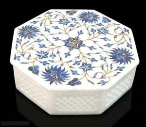 Boîte de rangement pour bijoux en marbre blanc avec incrustation unique en lapis-lazuli bleu, forme octogonale, pour le rangement - Product Image 6