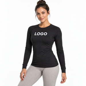 Women's <b>Black</b> <b>Long</b> <b>Sleeve</b> Yoga <b>Top</b> Others Solid Color Breathable Four-Way Stretch Eco-Friendly Spandex Polyester Front Logo - Product Image 1