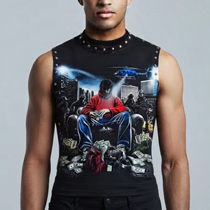 Débardeur personnalisé imprimé avec un motif vintage, tissu jersey 100% coton, sans manches, col rond, t-shirt unisexe, vêtements décontractés, vente en gros OEM - Product Image 4