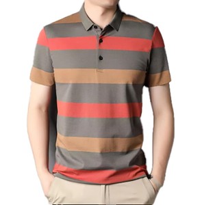 Polo de Manga Corta a Rayas para Hombre, Diseño 2026, Tejido, Corte Regular, con Botones, Patrón Gris, Rojo y Marrón - Product Image 1