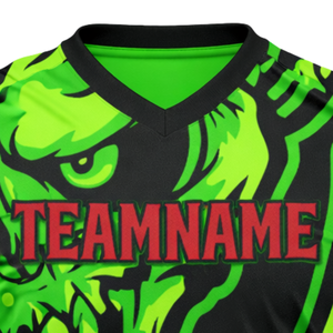 เสื้อฟุตบอลแบบซับลิเมชั่นสั่งทำสำหรับผู้ชาย สีเขียวดำ ลายหัวกะโหลก คอวี ชุดทีม ระบายอากาศได้ดี เสื้อกีฬา - Product Image 4