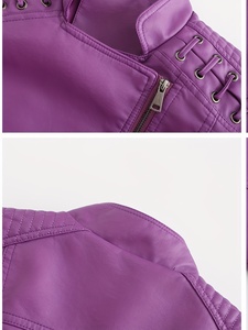 Chaqueta ajustada para mujer, elegante, morada, con cierre de cremallera, múltiples bolsillos, manga larga, para usar en todas las estaciones, chaqueta de cuero genuino para mujer. - Product Image 4