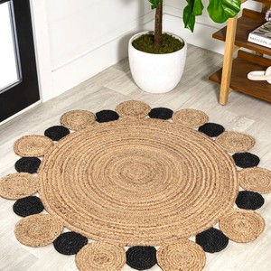 Tapis rond en jute avec pompons, style bohème, fait main, antidérapant, décoration de salon, poils plats, noir naturel - Product Image 2