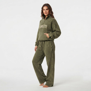 Trendy Elegant Olive Green Acid Wash Heavyweight 100% Cotton Women Tracksuit Set <b>Oversized</b> Quarter Zip Sweatshirt <b>Sweatpants</b> Two - Product Image 2