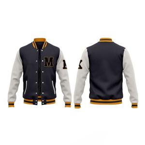 Men's Varsity <b>Jacket</b> Navy <b>White</b> Sleeve Embroidered M Letter Preppy Style Turn-down Collar Regular Fit Autumn Wear - Product Image 6