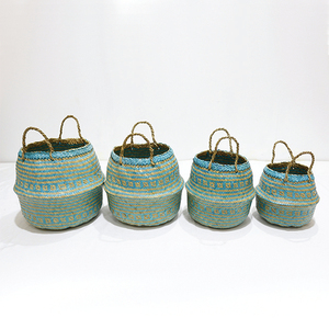 Cesta de Almacenamiento Tejida Azul con Diseño Circular de Hoja de Palma, Duradera, Plegable, con Asa, para Macetas - Product Image 1