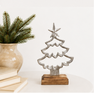 Handcrafted Silver Metal Christmas <b>Tree</b> Sculpture On Sturdy Mango Wood Base Modern <b>Tabletop</b> Holiday Decor For Home And Office - Product Image 4