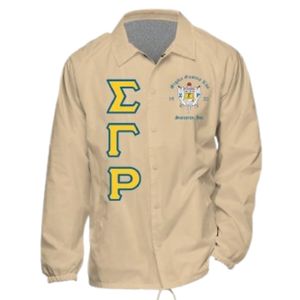 Chemise habillée beige à manches longues boutonnée pour femme avec lettres grecques brodées or et bleu – Tenue formelle de sororité - Product Image 1
