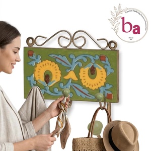 Beads Art Ba Vintage Metal Wall Mounted Multifunctional <b>Hook</b> Flower Pattern Green Yellow Blue 2 <b>Hooks</b> Handmade <b>Decorative</b> <b>Coat</b> - Product Image 2