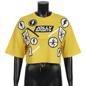 T-shirt court pour femme en jersey de coton premium, jaune, avec patch appliqué et logo thermocollé, respirant - Product Image 1