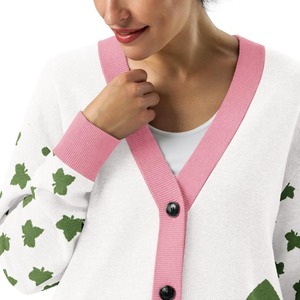 เสื้อคาร์ดิแกนถักไหมพรมสีชมพูและสีเขียวสไตล์ลำลองสำหรับผู้หญิง ปักลายตัวอักษร คอวี แขนยาว - Product Image 5