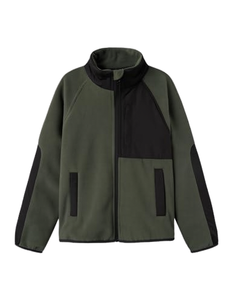 Chaqueta Varsity Unisex Verde Oliva con Bloques de Color Negro en la Parte Delantera, Cuello Redondo, Cierre de Cremallera, Estilo Casual, Resistente al Viento, Ropa de Calle para Invierno - Product Image 1