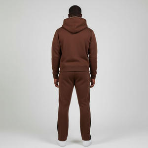 Ensemble de survêtement deux pièces en coton épais à capuche et fermeture éclair intégrale pour homme, style streetwear hiver, marron personnalisé - Product Image 3
