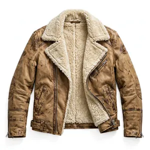 Blouson aviateur vintage en cuir véritable pour homme avec col en fourrure Sherpa / Veste en cuir de qualité supérieure avec logo personnalisé - Product Image 5