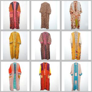 Robe Kimono Vintage en Soie Douce Assortie pour Femme, Faite à la Main, Imprimé Floral, Col en V, Taille Élastique, Manches Trois-Quarts, Automne, Lisse - Product Image 1