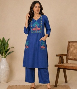 Blue Embroidered Cotton <b>Kurta</b> Set Indian Pakistani Set Long Sleeve <b>Kurta</b> Palazzo Pants <b>Women</b> Casual Wear for all Seasons Fit - Product Image 1