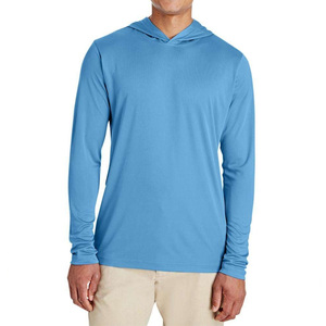 Men's Solid Blue Long Sleeve Hooded UPF 50 Sun Protection Fishing Shirt Pullover Anti-Uv Breathable Polyester <b>Top</b> - Product Image 1