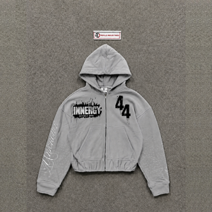 Sweat à capuche zippé oversize gris argenté avec motif graphique, style Y2K Streetwear Grunge Urbain, imprimé vintage, unisexe, mode décontractée - Product Image 5