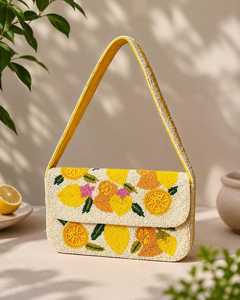 Bolso de Hombro Tejido a Mano con Cuentas de Limón, Bolso de Viaje con Cuentas Blancas y Botón, para Vacaciones de Verano, Estilo Shah Saloni - Product Image 2