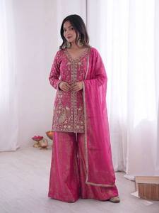 Elegante Traje Palazzo de Seda Pura Fendi para Mujer con Bordado Intenso y Dupatta Premium - Product Image 1