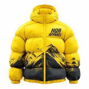 HQR Men's Hooded <b>Puffer</b> <b>Jacket</b> <b>Yellow</b> Black Solid Windproof Winter Streetwear Casual Zipper Front Logo Fleece Lining - Product Image 1