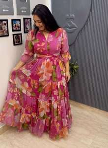 ชุดเดรสยาวปานกลางทรงเอไลน์ ผ้าจอร์เจตต์พิมพ์ลายดอกไม้สไตล์อินเดีย ดีไซน์แบบอานาร์กาลี สำหรับผู้หญิง ผ้าไม่ยับ ระบายอากาศได้ดี ดีไซน์ล่าสุดจากดีไซเนอร์ - Product Image 6