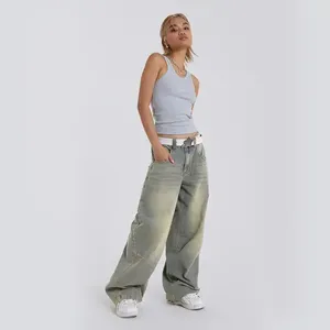 Jeans en denim décontractés à taille mi-haute pour femmes, de haute qualité, avec logo personnalisé, couleur unie - Product Image 4