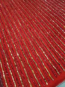 Tissu en dentelle de luxe brodé de strass écologiques faits à la main, motif floral, rouge uni, pour robe de soirée, maille décorative, 5 yards - Product Image 5