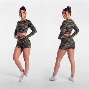 Conjunto Deportivo de Camuflaje para Mujer, Top Corto de Manga Larga, Pantalones Cortos de Cintura Alta, Ropa Deportiva, Conjunto de 2 Piezas, Top y Pantalones Cortos para Entrenamiento - Product Image 4