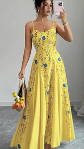 Radiant Yellow Floral Midi Dress for Women with Elegant Fit and Flare Silhouette <b>Spaghetti</b> Straps and Delicate Botanical Print - Product Image 3