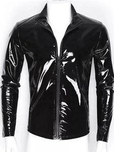 Chaqueta Casual de Cuero Negro Brillante para Hombre, Marca Mego Industry, con Cuello Camisero, Cierre de Cremallera, Corte Ajustado, Impermeable y con Capucha - Product Image 3