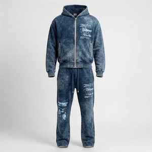 New Winter Oversized Vintage Heavy Acid Wash Sweatsuit Men Distressed Embroidery Cut Sew <b>Tracksuit</b> Active Customized Color - Product Image 1
