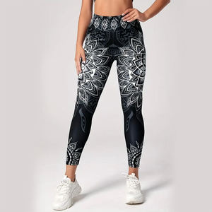 Women High Waist Full Length <b>Leggings</b> <b>Black</b> <b>White</b> Geometric Mandala Print Breathable Yoga Pants - Product Image 2