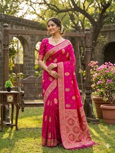 Silk <b>Saree</b> Gold Zari Woven Paisley Border, Ethnic Wear for Women - Product Image 3