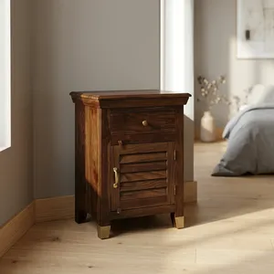 Table de chevet en bois rustique avec porte à battants et tiroir, meuble de rangement pour chambre à coucher et salon - Product Image 4