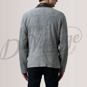 Veste safari en daim beige pour homme, véritable peau de mouton, multi-poches, ceinture, col montant avec boucle. - Product Image 2