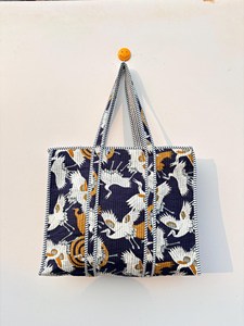 Sac fourre-tout en coton noir tendance avec motif grue, style bohème, décontracté, pour l'été, avec fermeture éclair, pour le shopping et les voyages - Product Image 1
