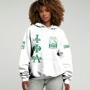 Sweat à capuche personnalisé de la sororité Iota Phi Lambda, blanc, avec lettres grecques sur le devant, écusson et numéro d'année au dos, style pull-over - Product Image 1
