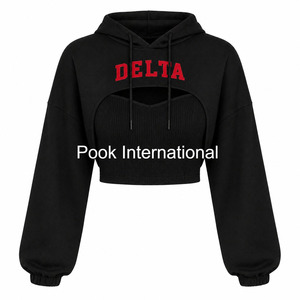 Sweat à capuche court imprimé Delta pour femme, noir, tricoté, manches longues, épaules tombantes, tenue décontractée d'hiver - Product Image 5