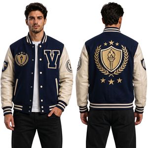 Veste universitaire en cuir bleu marine foncé avec écusson étoile, corps en laine premium, broderie au dos, style Letterman - Product Image 1