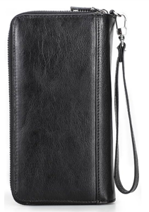 Pochette à fermeture éclair en cuir véritable noir A20 de Fazmax Corporation avec dragonne pour hommes et femmes - Product Image 3