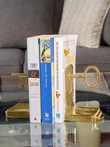 Lock & Key <b>Bookend</b> Antique Gold Metal Book Holder Stand for Home Office Table Shelf Bedroom Living Room Decor - Product Image 5
